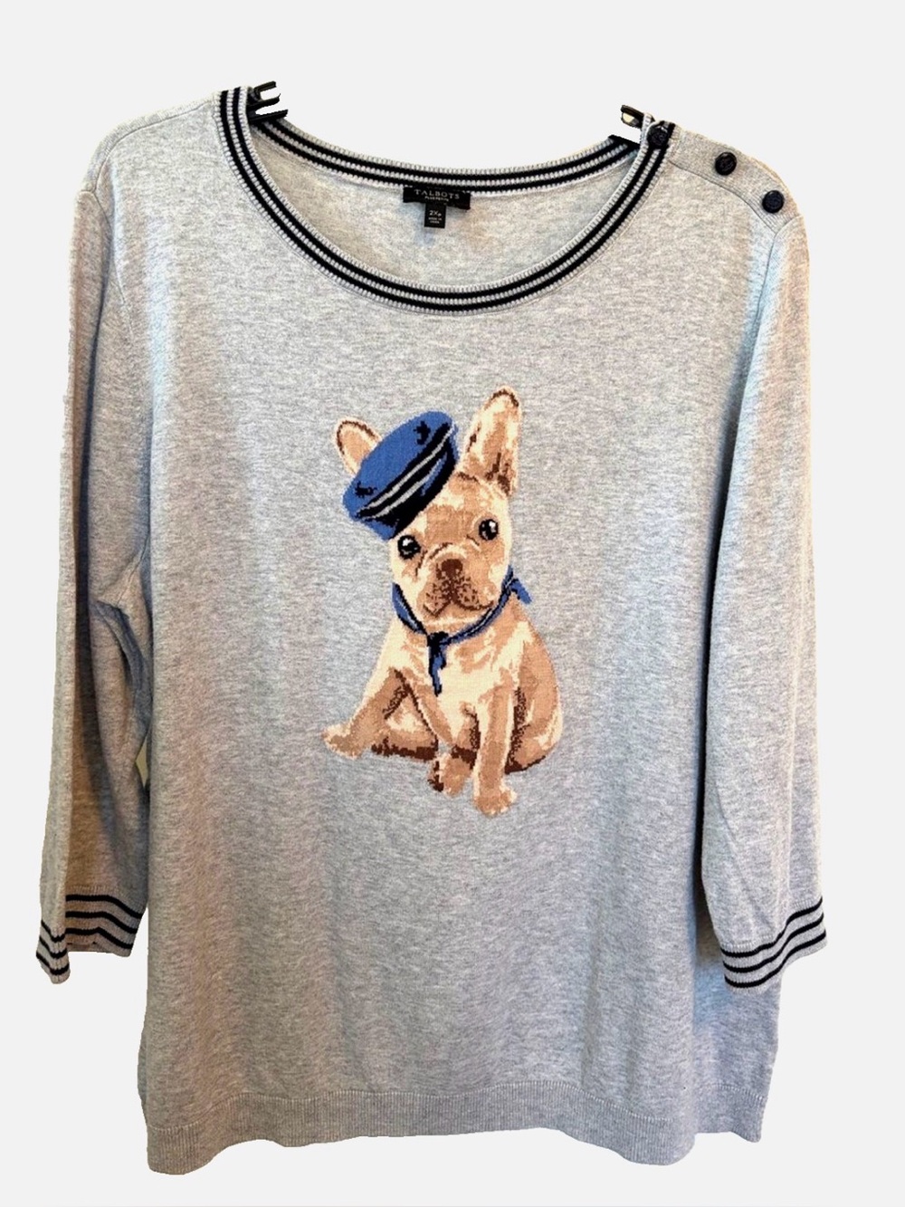 Talbots 2XP French Bulldog Dog Sweater Gray Intarsia Nautical Petite Plus